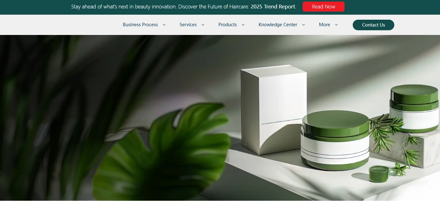 Two green-lidded cosmetic jars on display with a box and a leaf arrangement, suggesting a natural theme in beauty products.